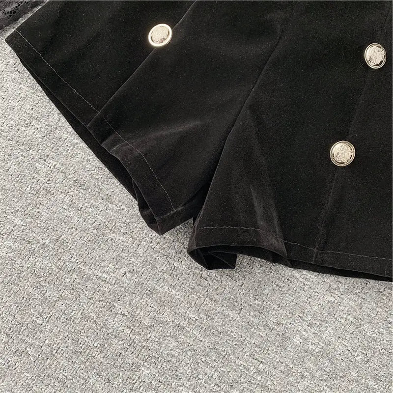 Long Sleeve Lace Embroidery Shirt Women Double Breasted Playsuits Slim Velvet Jumpsuits - Blade & Thread