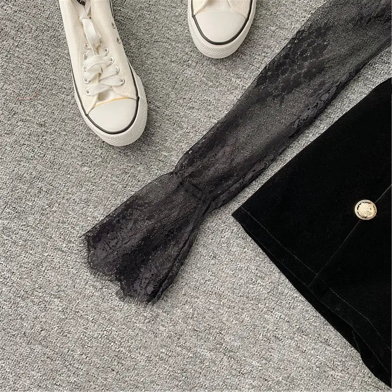 Long Sleeve Lace Embroidery Shirt Women Double Breasted Playsuits Slim Velvet Jumpsuits - Blade & Thread