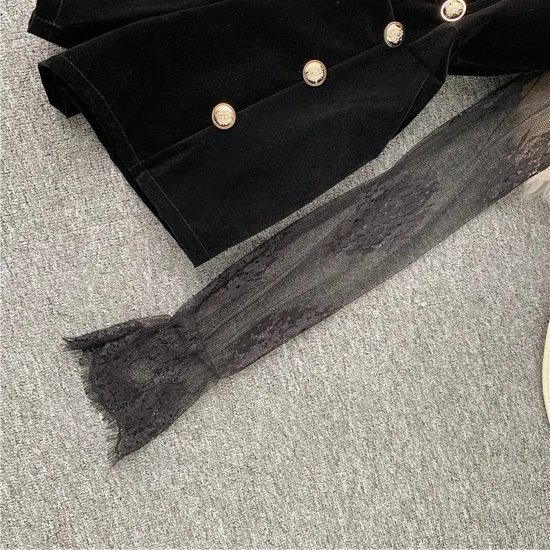 Long Sleeve Lace Embroidery Shirt Women Double Breasted Playsuits Slim Velvet Jumpsuits - Blade & Thread