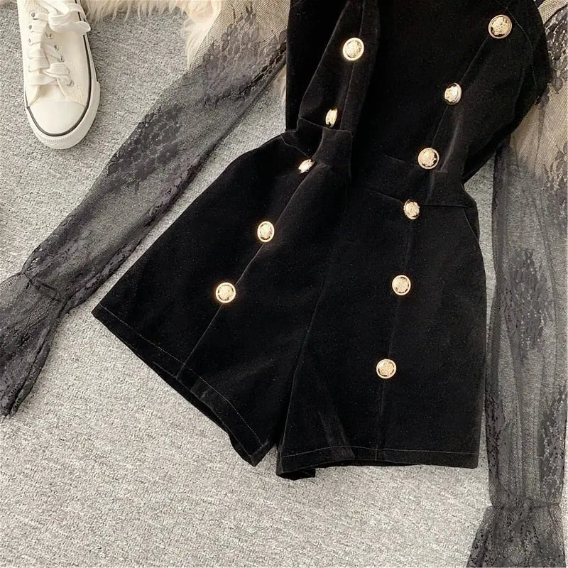 Long Sleeve Lace Embroidery Shirt Women Double Breasted Playsuits Slim Velvet Jumpsuits - Blade & Thread