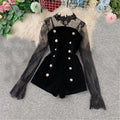 Long Sleeve Lace Embroidery Shirt Women Double Breasted Playsuits Slim Velvet Jumpsuits nowadaysfashion