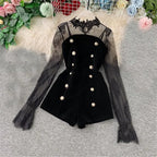 Long Sleeve Lace Embroidery Shirt Women Double Breasted Playsuits Slim Velvet Jumpsuits nowadaysfashion