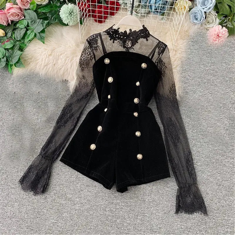 Long Sleeve Lace Embroidery Shirt Women Double Breasted Playsuits Slim Velvet Jumpsuits nowadaysfashion