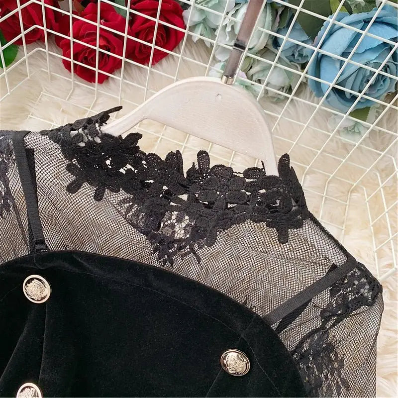 Long Sleeve Lace Embroidery Shirt Women Double Breasted Playsuits Slim Velvet Jumpsuits nowadaysfashion