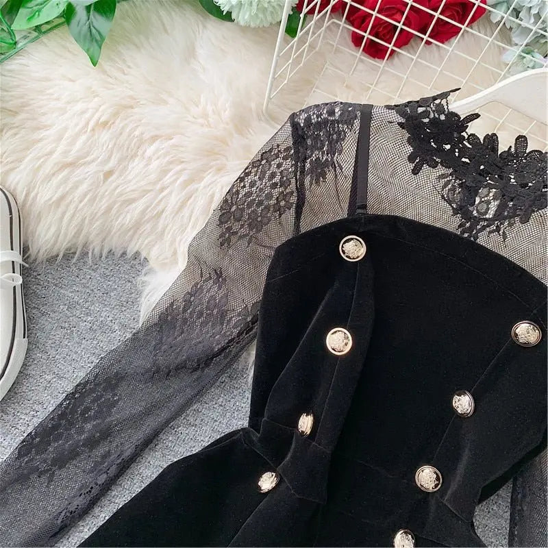 Long Sleeve Lace Embroidery Shirt Women Double Breasted Playsuits Slim Velvet Jumpsuits nowadaysfashion