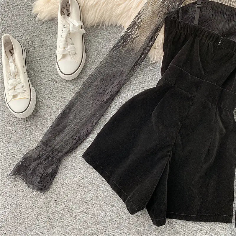 Long Sleeve Lace Embroidery Shirt Women Double Breasted Playsuits Slim Velvet Jumpsuits - Blade & Thread