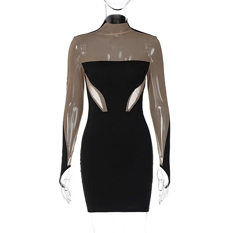 Long Sleeve Patchwork Mesh See Through Sexy Bodycon Mini Dress Evening Clothes nowadaysfashion