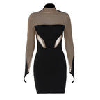Long Sleeve Patchwork Mesh See Through Sexy Bodycon Mini Dress Evening Clothes nowadaysfashion