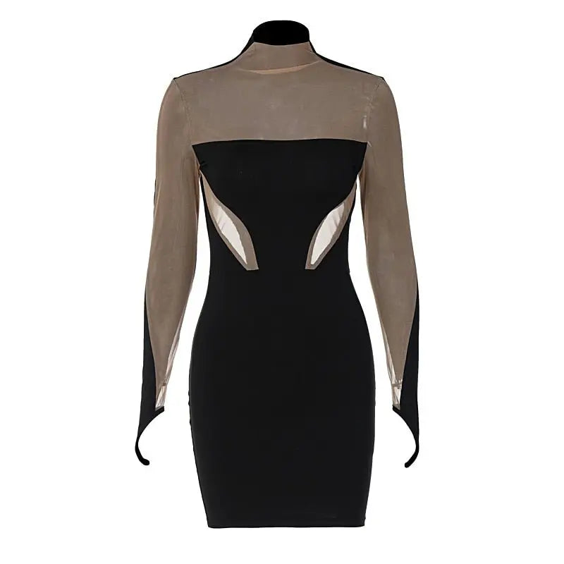 Long Sleeve Patchwork Mesh See Through Sexy Bodycon Mini Dress Evening Clothes - Blade & Thread
