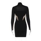 Long Sleeve Patchwork Mesh See Through Sexy Bodycon Mini Dress Evening Clothes nowadaysfashion
