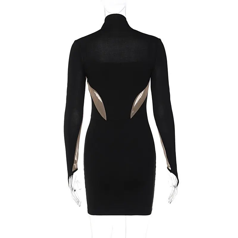Long Sleeve Patchwork Mesh See Through Sexy Bodycon Mini Dress Evening Clothes nowadaysfashion