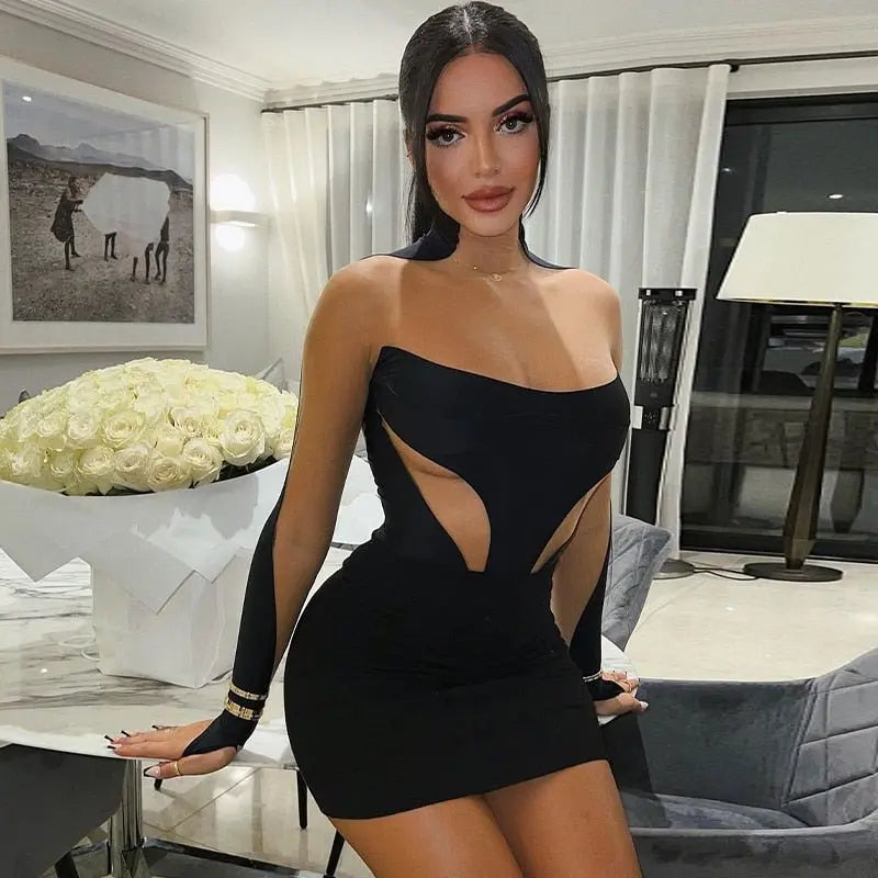 Long Sleeve Patchwork Mesh See Through Sexy Bodycon Mini Dress Evening Clothes - Blade & Thread