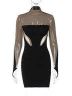 Long Sleeve Patchwork Mesh See Through Sexy Bodycon Mini Dress Evening Clothes nowadaysfashion