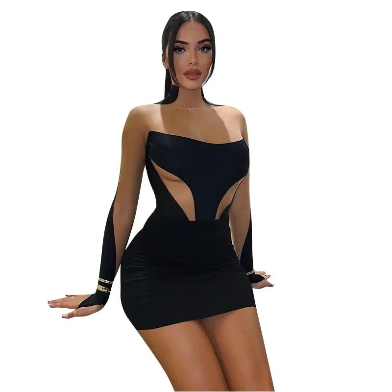 Long Sleeve Patchwork Mesh See Through Sexy Bodycon Mini Dress Evening Clothes - Blade & Thread