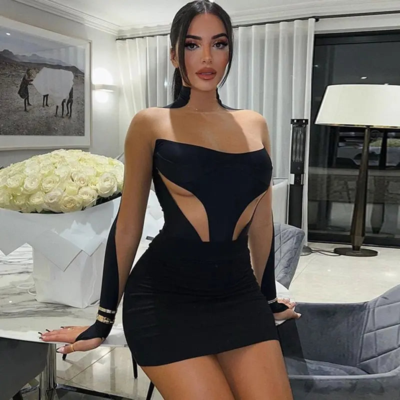 Long Sleeve Patchwork Mesh See Through Sexy Bodycon Mini Dress Evening Clothes - Blade & Thread