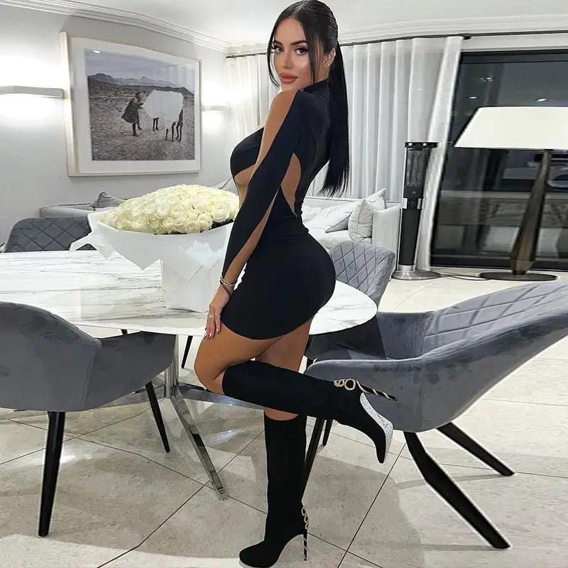 Long Sleeve Patchwork Mesh See Through Sexy Bodycon Mini Dress Evening Clothes nowadaysfashion