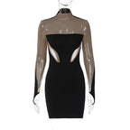 Long Sleeve Patchwork Mesh See Through Sexy Bodycon Mini Dress Evening Clothes nowadaysfashion