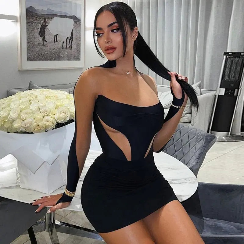 Long Sleeve Patchwork Mesh See Through Sexy Bodycon Mini Dress Evening Clothes nowadaysfashion