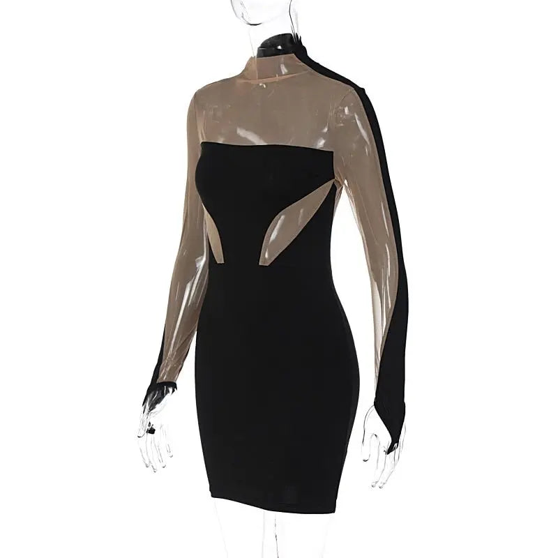 Long Sleeve Patchwork Mesh See Through Sexy Bodycon Mini Dress Evening Clothes - Blade & Thread