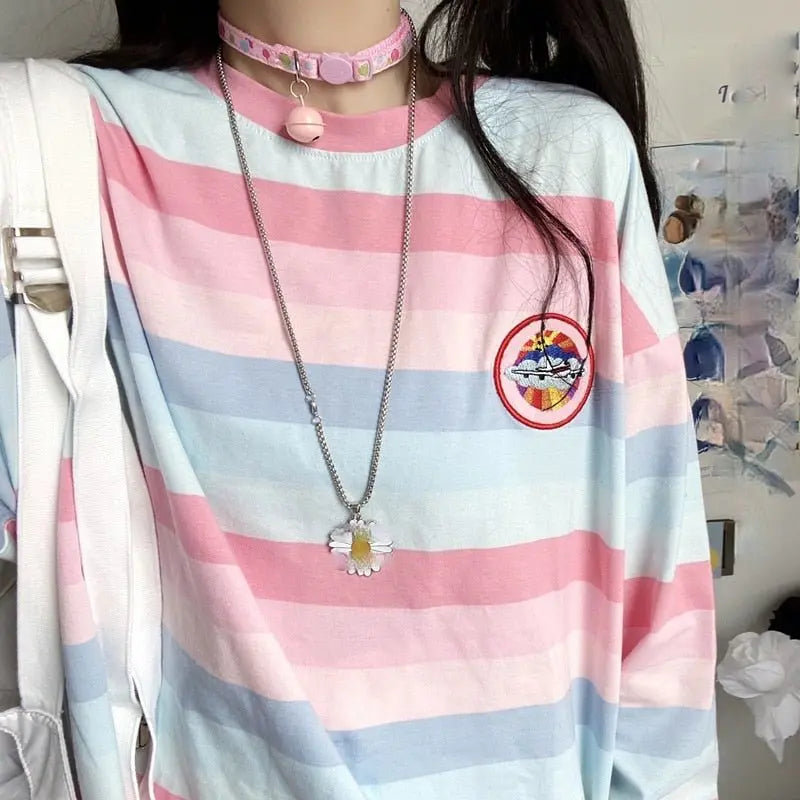 Long Sleeve T Shirt girl Top spring autumn embroidery stripe Tees Women full Sleeve T-shirt nowadaysfashion