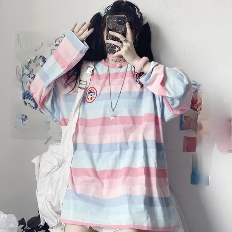 Long Sleeve T Shirt girl Top spring autumn embroidery stripe Tees Women full Sleeve T-shirt nowadaysfashion