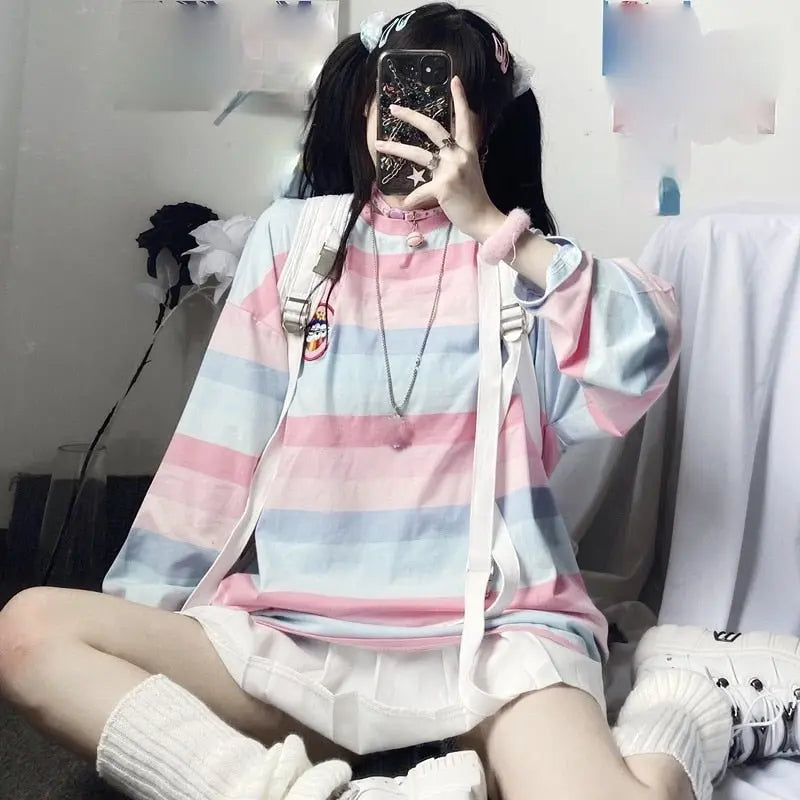 Long Sleeve T Shirt girl Top spring autumn embroidery stripe Tees Women full Sleeve T-shirt - Blade & Thread