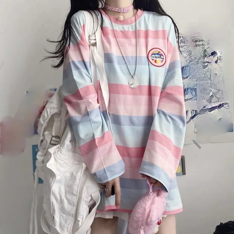 Long Sleeve T Shirt girl Top spring autumn embroidery stripe Tees Women full Sleeve T-shirt - Blade & Thread