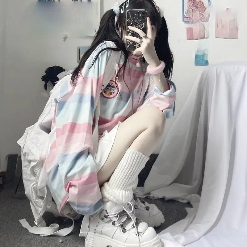 Long Sleeve T Shirt girl Top spring autumn embroidery stripe Tees Women full Sleeve T-shirt nowadaysfashion