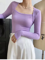 Long Sleeve Tops Women Candy Color Fake Two Piece Skinny T-shirts Female nowadaysfashion