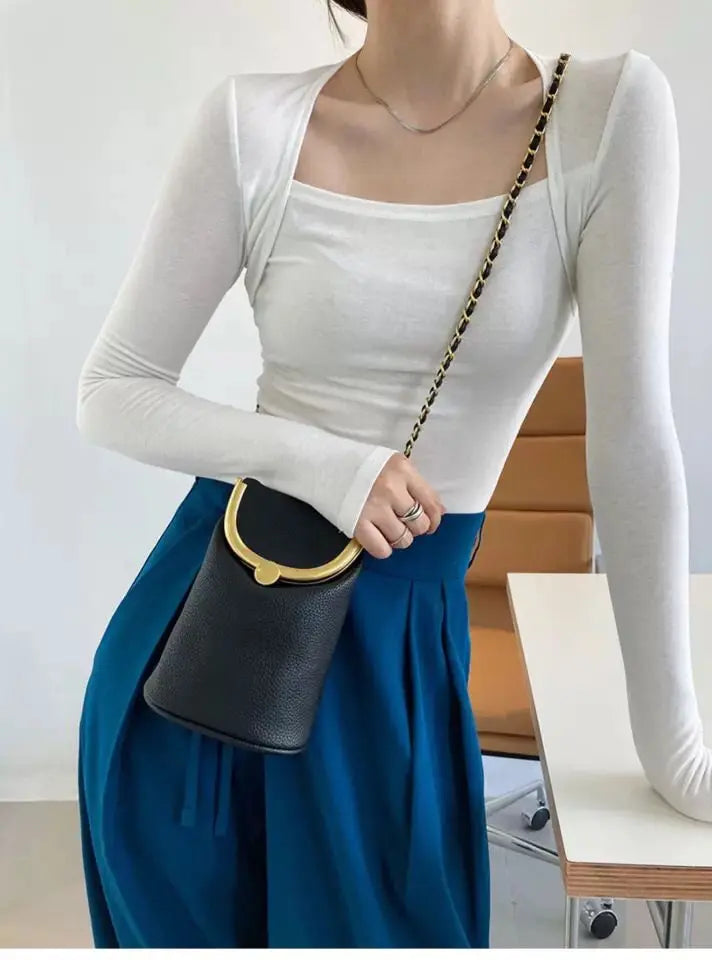 Long Sleeve Tops Women Candy Color Fake Two Piece Skinny T-shirts Female - Blade & Thread
