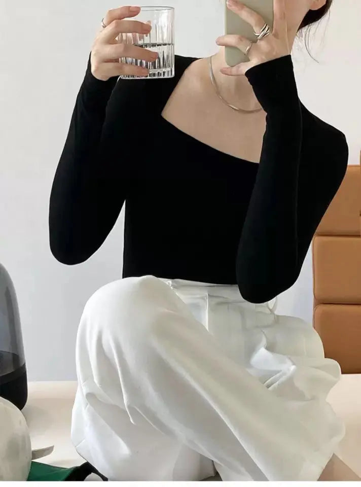 Long Sleeve Tops Women Candy Color Fake Two Piece Skinny T-shirts Female - Blade & Thread