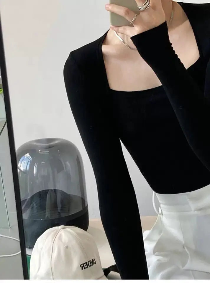 Long Sleeve Tops Women Candy Color Fake Two Piece Skinny T-shirts Female - Blade & Thread