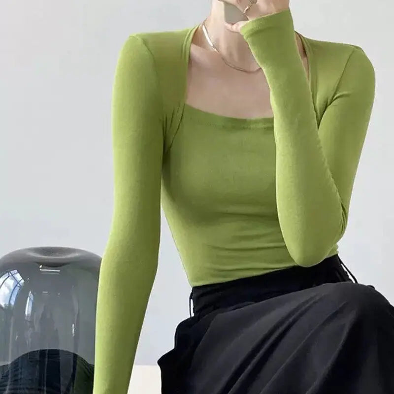 Long Sleeve Tops Women Candy Color Fake Two Piece Skinny T-shirts Female - Blade & Thread
