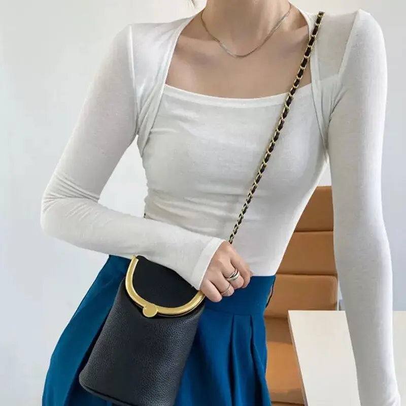 Long Sleeve Tops Women Candy Color Fake Two Piece Skinny T-shirts Female nowadaysfashion