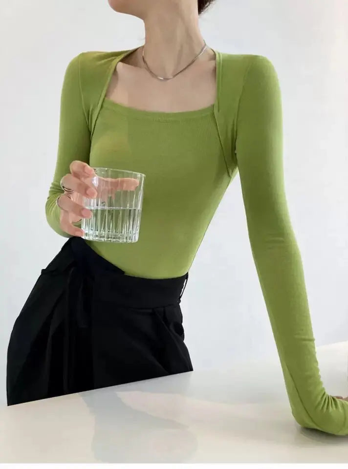 Long Sleeve Tops Women Candy Color Fake Two Piece Skinny T-shirts Female nowadaysfashion