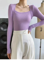 Long Sleeve Tops Women Candy Color Fake Two Piece Skinny T-shirts Female nowadaysfashion