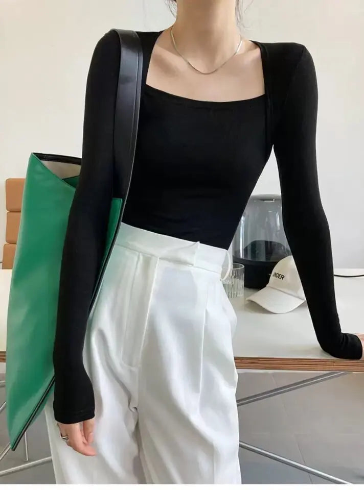 Long Sleeve Tops Women Candy Color Fake Two Piece Skinny T-shirts Female - Blade & Thread