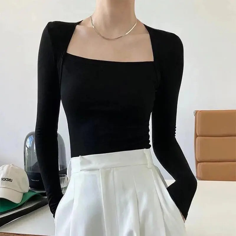 Long Sleeve Tops Women Candy Color Fake Two Piece Skinny T-shirts Female - Blade & Thread