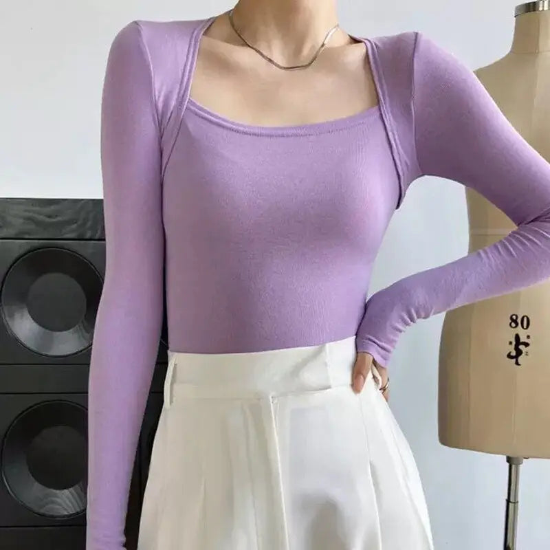 Long Sleeve Tops Women Candy Color Fake Two Piece Skinny T-shirts Female - Blade & Thread