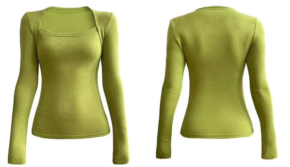 Long Sleeve Tops Women Candy Color Fake Two Piece Skinny T-shirts Female - Blade & Thread