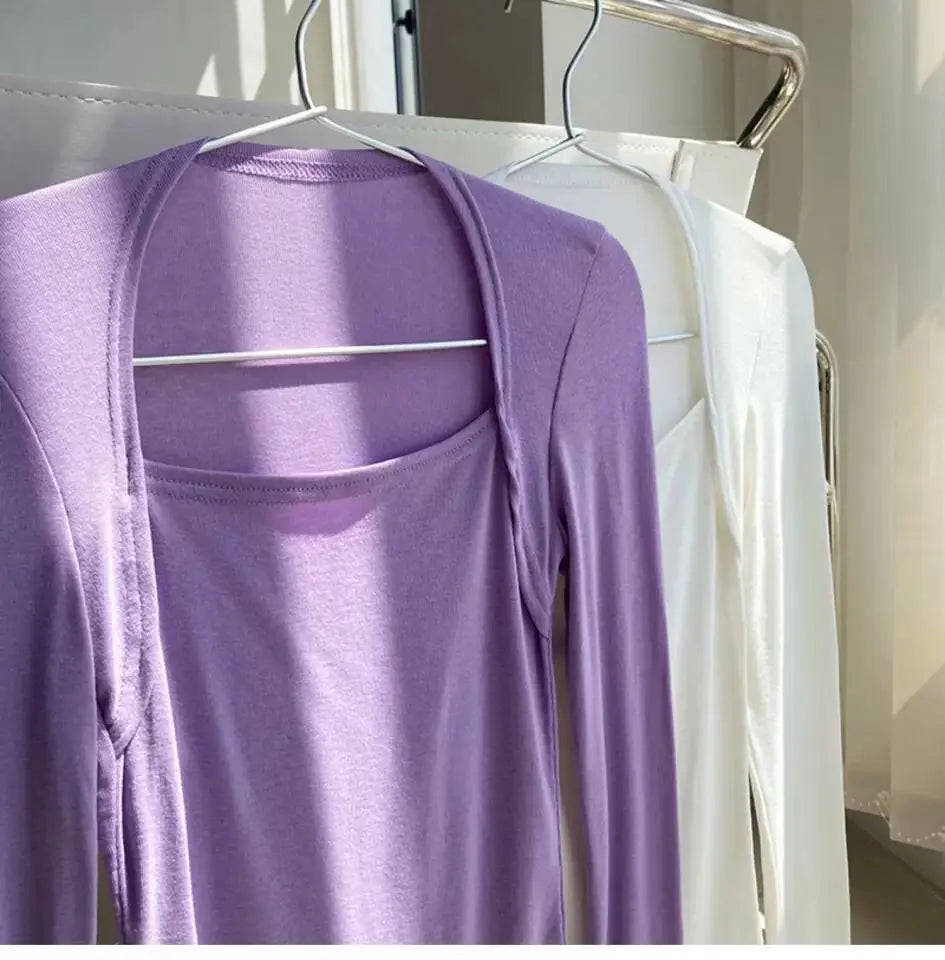 Long Sleeve Tops Women Candy Color Fake Two Piece Skinny T-shirts Female - Blade & Thread