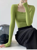 Long Sleeve Tops Women Candy Color Fake Two Piece Skinny T-shirts Female nowadaysfashion