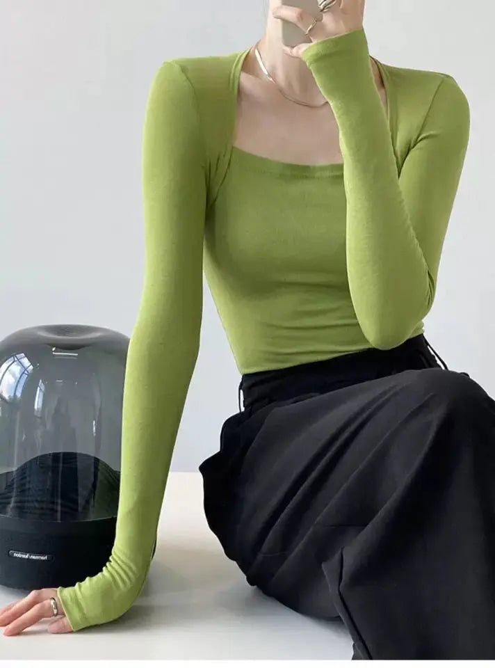 Long Sleeve Tops Women Candy Color Fake Two Piece Skinny T-shirts Female - Blade & Thread