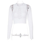 Long Sleeves Solid Hollow Out Bandage Sexy Tube Crop Top Summer Autumn Women nowadaysfashion
