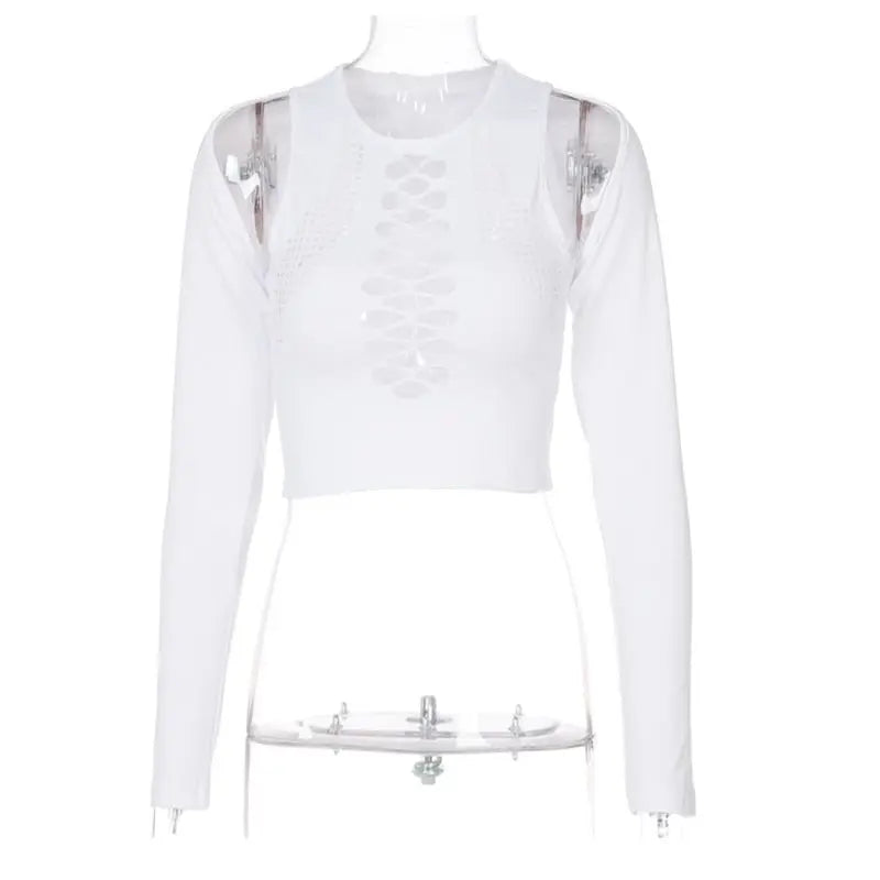 Long Sleeves Solid Hollow Out Bandage Sexy Tube Crop Top Summer Autumn Women nowadaysfashion