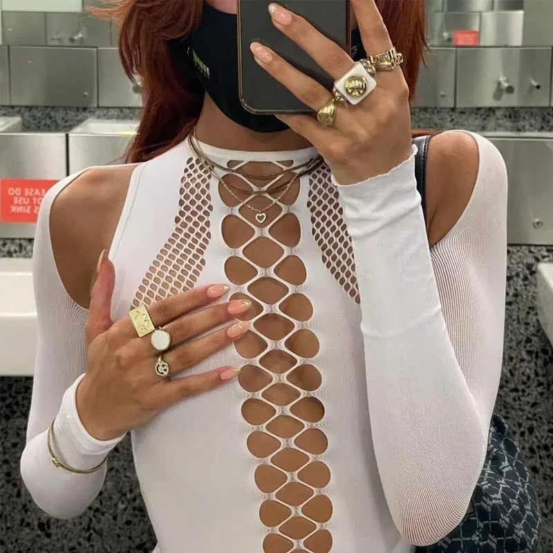 Long Sleeves Solid Hollow Out Bandage Sexy Tube Crop Top Summer Autumn Women - Blade & Thread
