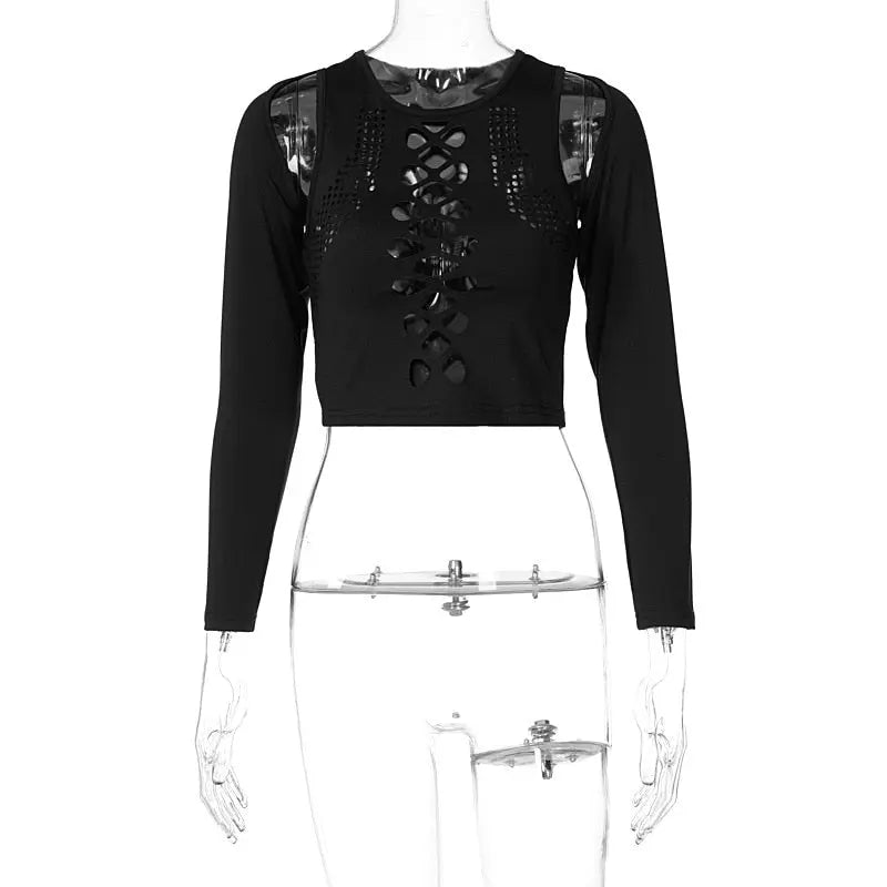 Long Sleeves Solid Hollow Out Bandage Sexy Tube Crop Top Summer Autumn Women nowadaysfashion