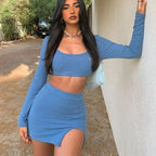 Long Sleeves Solid Navel Low Neck Bodycon Top Sexy Mini Dress Set nowadaysfashion