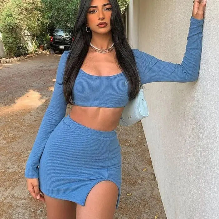 Long Sleeves Solid Navel Low Neck Bodycon Top Sexy Mini Dress Set nowadaysfashion