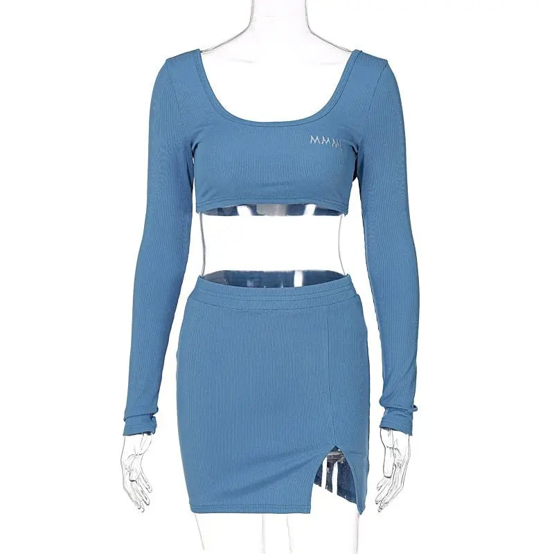 Long Sleeves Solid Navel Low Neck Bodycon Top Sexy Mini Dress Set nowadaysfashion